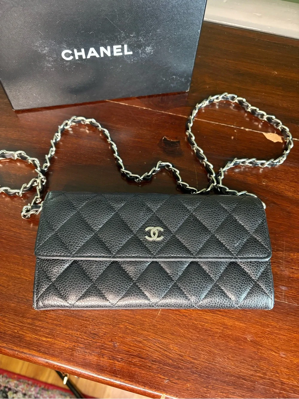 CHANEL Black Quilted Silver Hardware Wallet with Added Chain